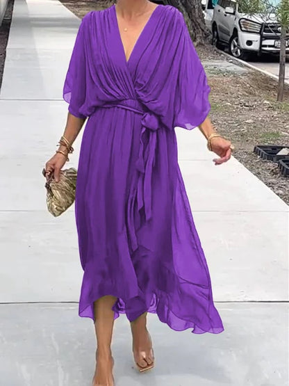 Viora Maxi Dress | Elegant V-Neck, 3/4 Sleeves, Soft Polyester - Hartwella