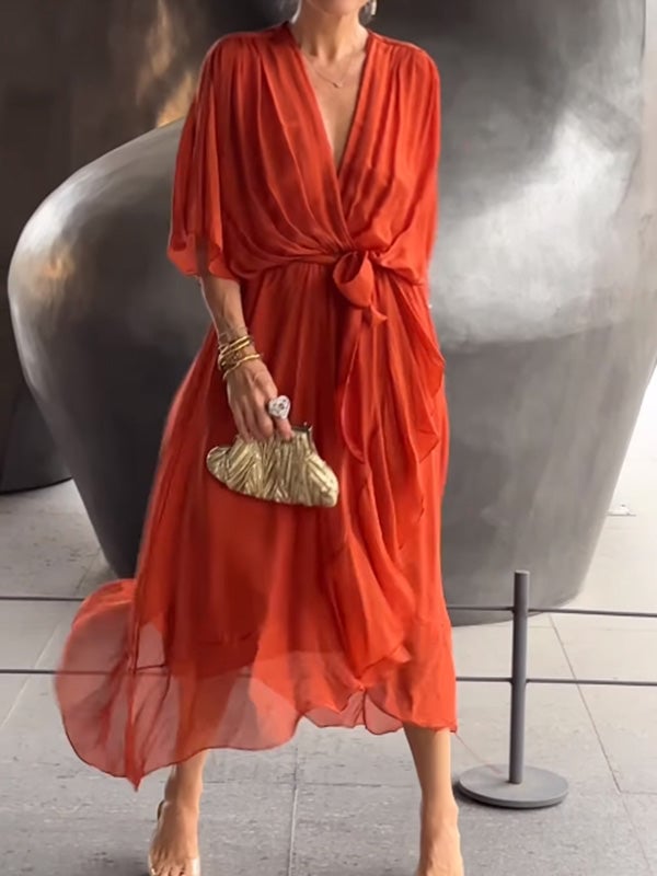 Viora Maxi Dress | Elegant V-Neck, 3/4 Sleeves, Soft Polyester - Hartwella