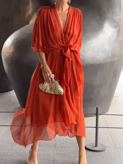 Viora Maxi Dress | Elegant V-Neck, 3/4 Sleeves, Soft Polyester - Hartwella