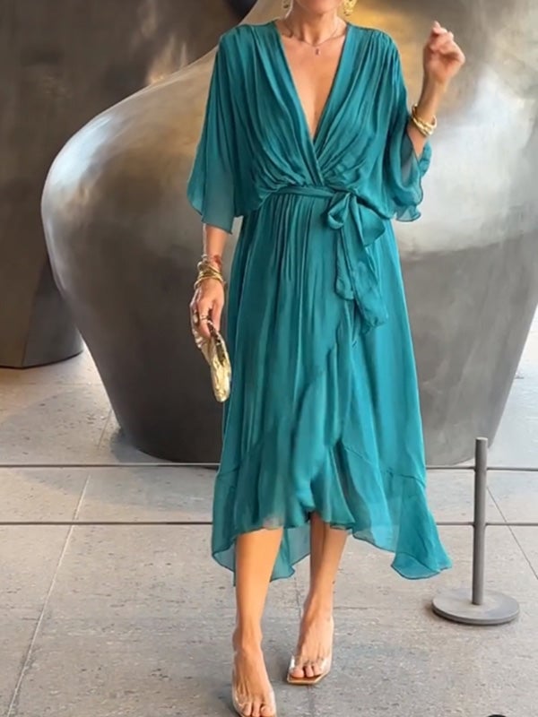 Viora Maxi Dress | Elegant V-Neck, 3/4 Sleeves, Soft Polyester - Hartwella