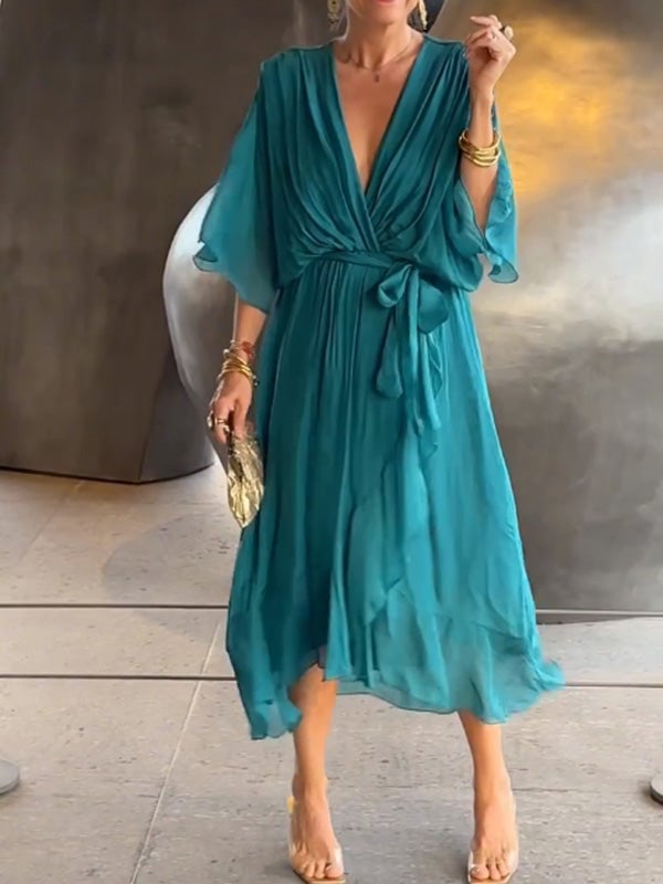 Viora Maxi Dress | Elegant V-Neck, 3/4 Sleeves, Soft Polyester - Hartwella