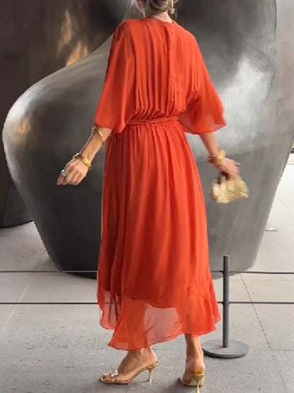 Viora Maxi Dress | Elegant V-Neck, 3/4 Sleeves, Soft Polyester - Hartwella
