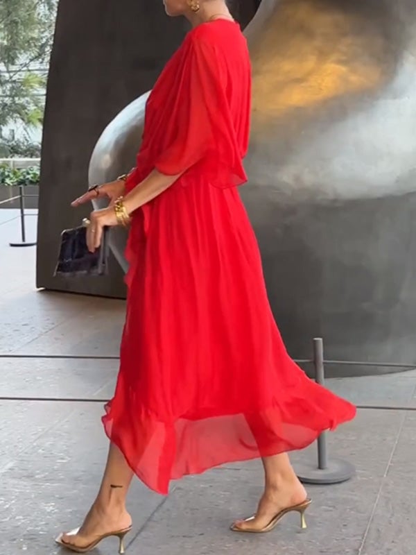 Viora Maxi Dress | Elegant V-Neck, 3/4 Sleeves, Soft Polyester - Hartwella
