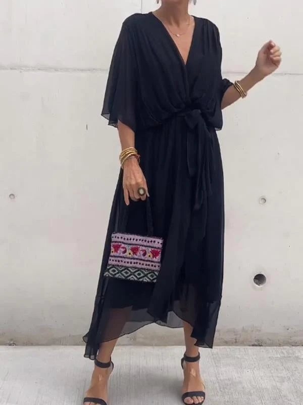 Viora Maxi Dress | Elegant V-Neck, 3/4 Sleeves, Soft Polyester - Hartwella