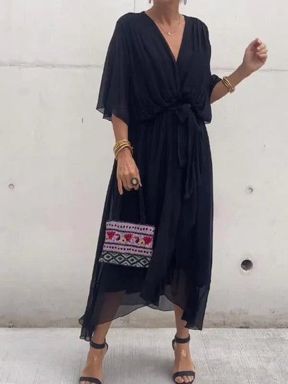 Viora Maxi Dress | Elegant V-Neck, 3/4 Sleeves, Soft Polyester - Hartwella