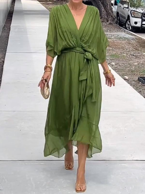 Viora Maxi Dress | Elegant V-Neck, 3/4 Sleeves, Soft Polyester - Hartwella