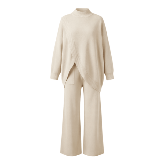 Viva Asymmetric Knit Set | Soft Polyester, Wide Leg Pants - Hartwella