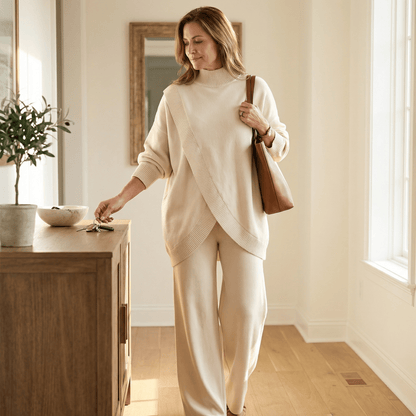 Viva Asymmetric Knit Set | Soft Polyester, Wide Leg Pants - Hartwella