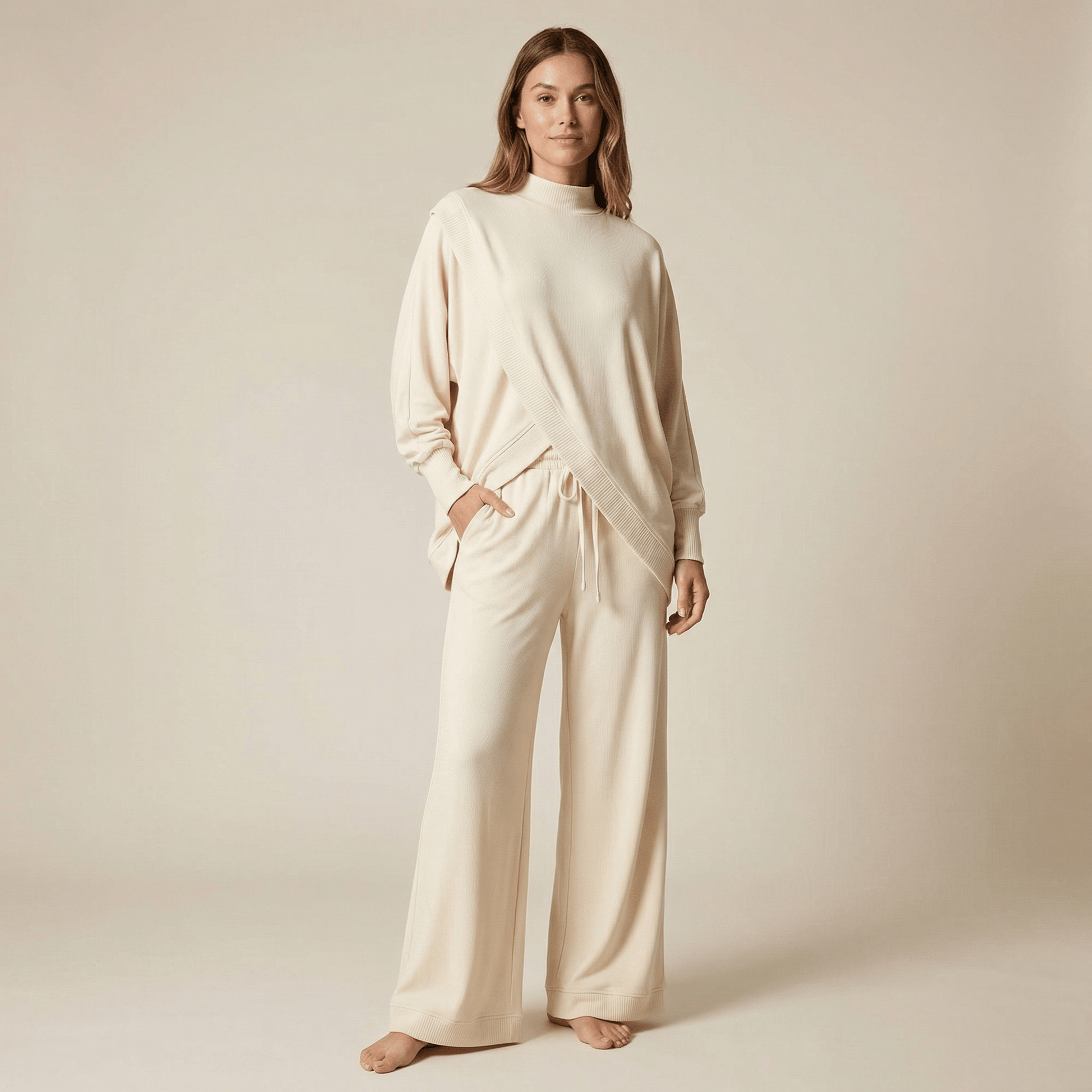 Viva Asymmetric Knit Set | Soft Polyester, Wide Leg Pants - Hartwella