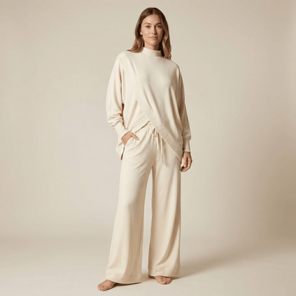 Viva Asymmetric Knit Set | Soft Polyester, Wide Leg Pants - Hartwella