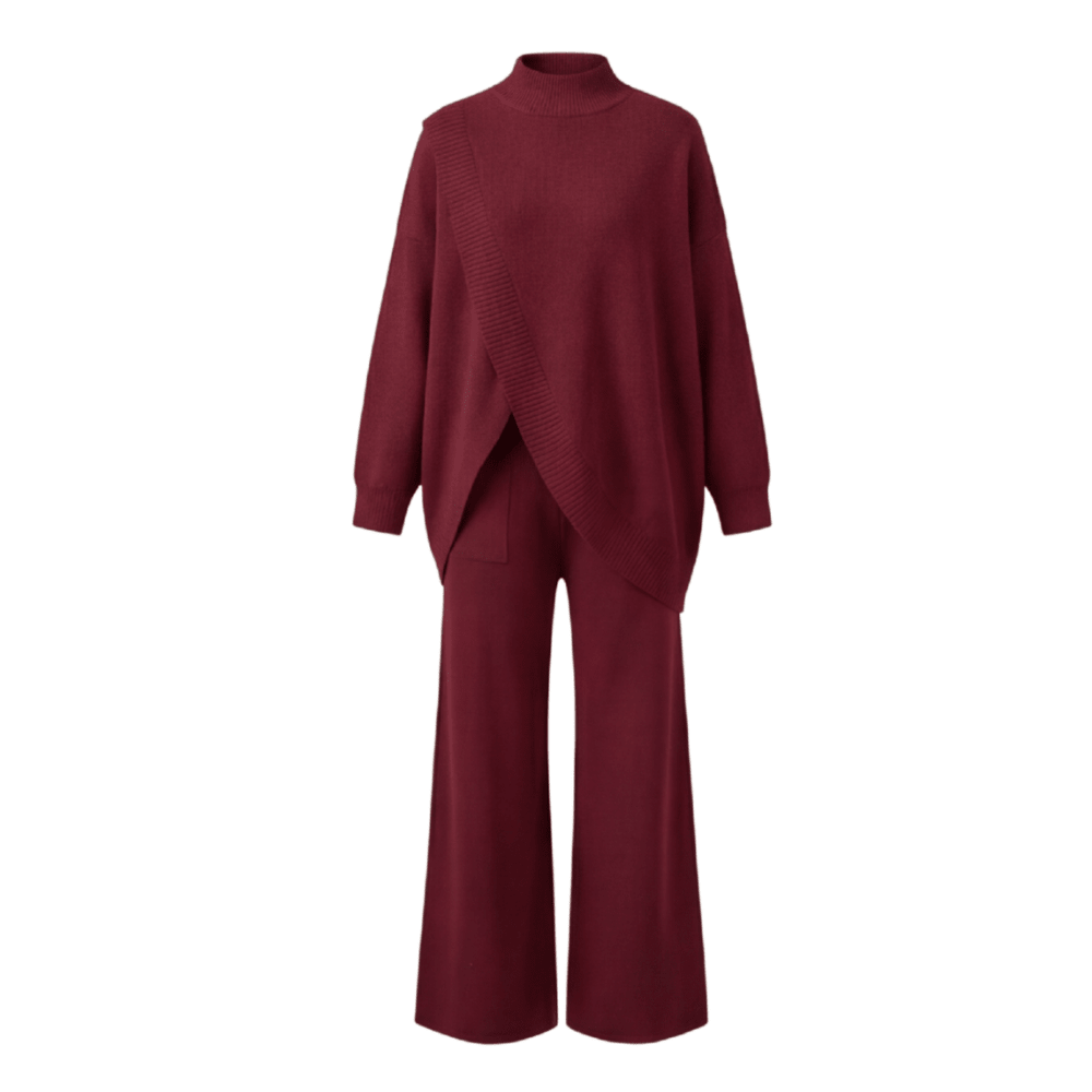 Viva Asymmetric Knit Set | Soft Polyester, Wide Leg Pants - Hartwella