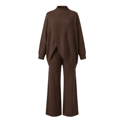 Viva Asymmetric Knit Set | Soft Polyester, Wide Leg Pants - Hartwella