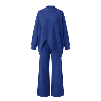 Viva Asymmetric Knit Set | Soft Polyester, Wide Leg Pants - Hartwella