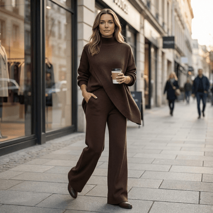 Viva Asymmetric Knit Set | Soft Polyester, Wide Leg Pants - Hartwella