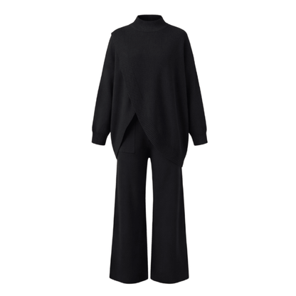 Viva Asymmetric Knit Set | Soft Polyester, Wide Leg Pants - Hartwella