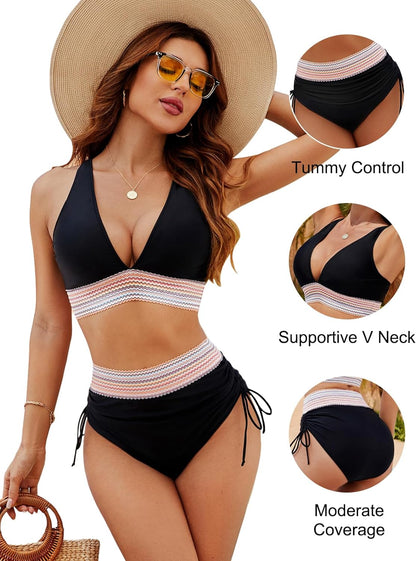 Viva High Waisted Bikini Set | Tummy Control, Color Block Design - Hartwella
