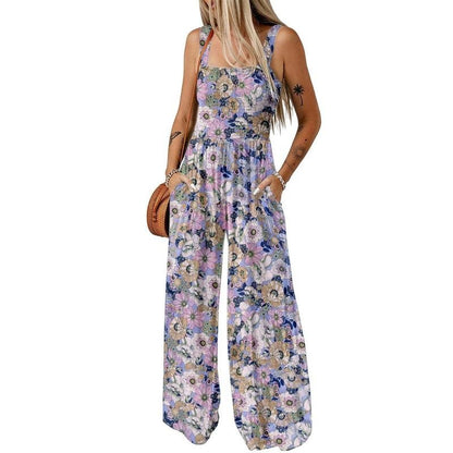 Wanda Floral Jumpsuit | Sleeveless, Elastic Waist, Wide-Leg - Hartwella