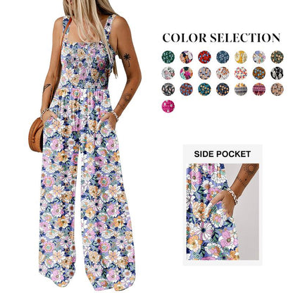 Wanda Floral Jumpsuit | Sleeveless, Elastic Waist, Wide-Leg - Hartwella