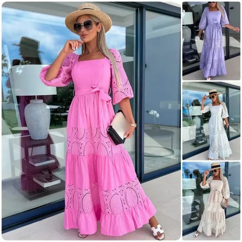 Wanda Maxi Dress | Unique Patchwork Design, Tie Waist, Square Neckline - Hartwella