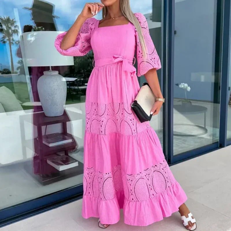Wanda Maxi Dress | Unique Patchwork Design, Tie Waist, Square Neckline - Hartwella