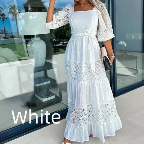 Wanda Maxi Dress | Unique Patchwork Design, Tie Waist, Square Neckline - Hartwella