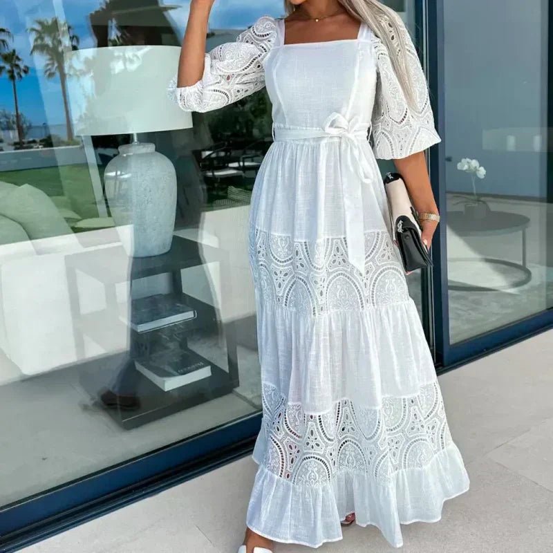 Wanda Maxi Dress | Unique Patchwork Design, Tie Waist, Square Neckline - Hartwella