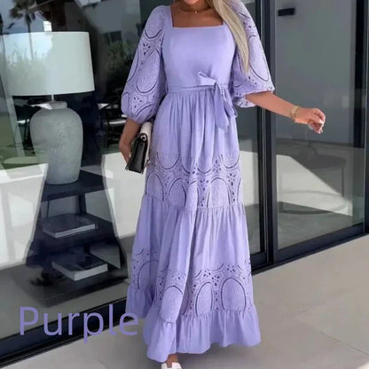 Wanda Maxi Dress | Unique Patchwork Design, Tie Waist, Square Neckline - Hartwella