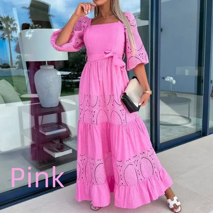 Wanda Maxi Dress | Unique Patchwork Design, Tie Waist, Square Neckline - Hartwella