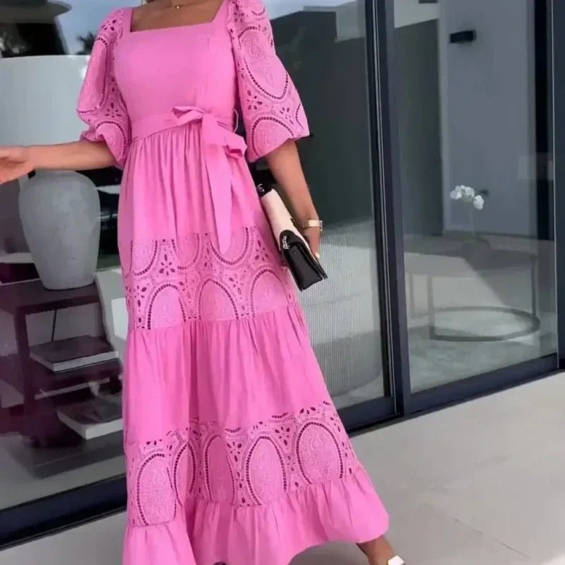 Wanda Maxi Dress | Unique Patchwork Design, Tie Waist, Square Neckline - Hartwella