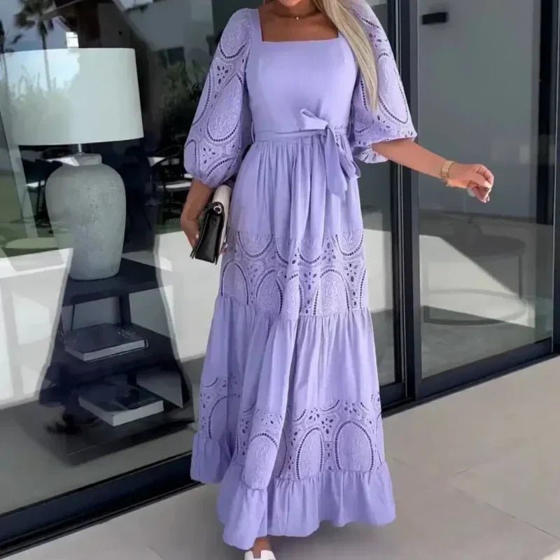 Wanda Maxi Dress | Unique Patchwork Design, Tie Waist, Square Neckline - Hartwella
