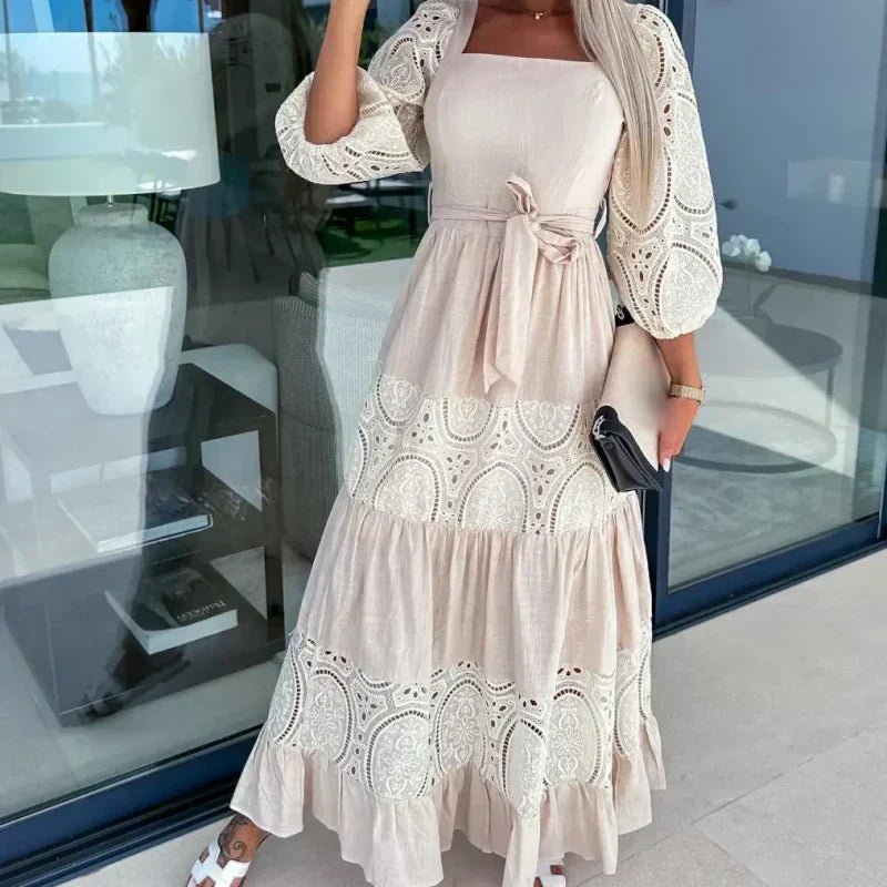 Wanda Maxi Dress | Unique Patchwork Design, Tie Waist, Square Neckline - Hartwella