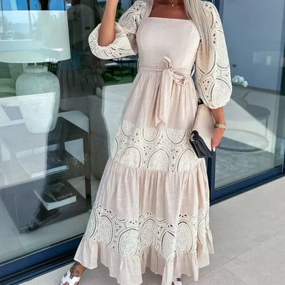 Wanda Maxi Dress | Unique Patchwork Design, Tie Waist, Square Neckline - Hartwella