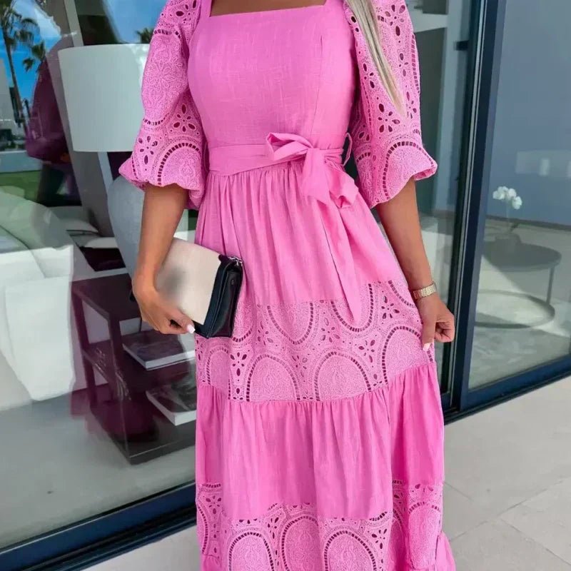 Wanda Maxi Dress | Unique Patchwork Design, Tie Waist, Square Neckline - Hartwella