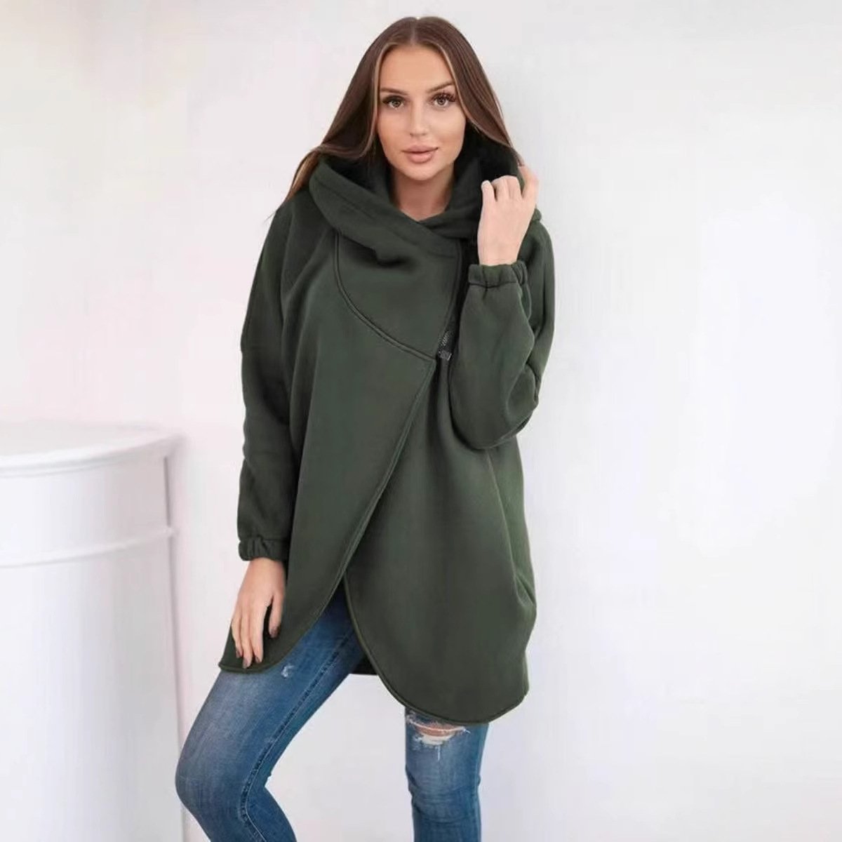 Wanda Plus Size Hoodie | Half-Zip, Asymmetrical Hem, Loose Fit - Hartwella