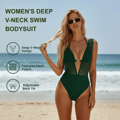 Wanda Swim Bodysuit | Deep V - Neck, Breathable Mesh Swimwear - Hartwella