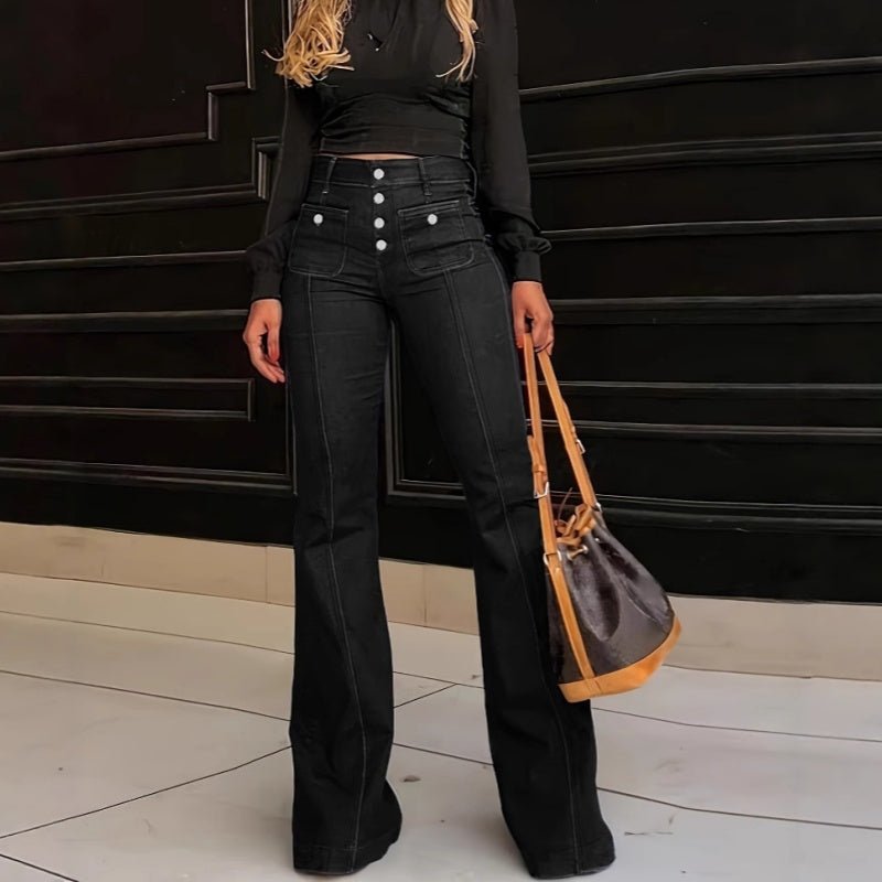 Wanda Women's Jeans | High-Waisted, Stretch Black Flared Denim - Hartwella