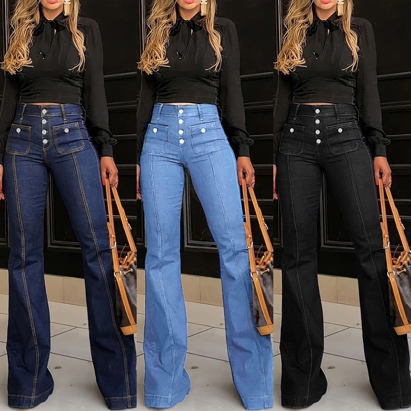 Wanda Women's Jeans | High-Waisted, Stretch Black Flared Denim - Hartwella