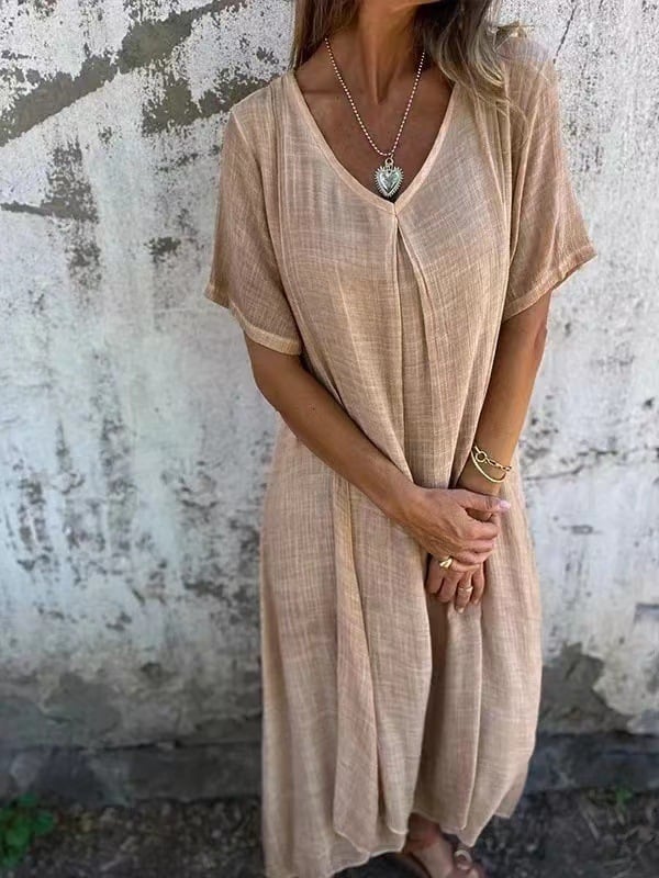 Wella Midi Dress | Cotton and Linen Blend, Flattering V-Neck Summer Dress - Hartwella