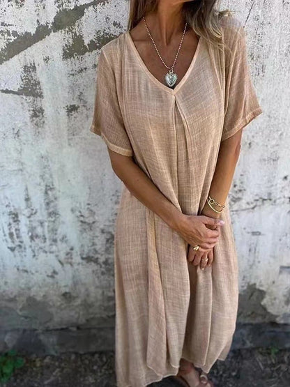 Wella Midi Dress | Cotton and Linen Blend, Flattering V-Neck Summer Dress - Hartwella