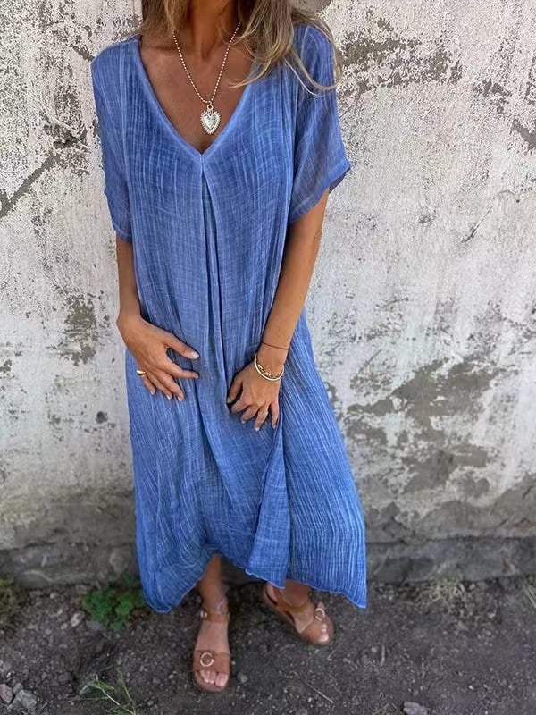 Wella Midi Dress | Cotton and Linen Blend, Flattering V-Neck Summer Dress - Hartwella