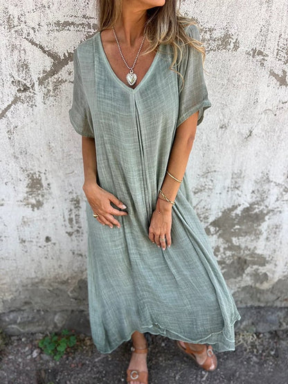 Wella Midi Dress | Cotton and Linen Blend, Flattering V-Neck Summer Dress - Hartwella