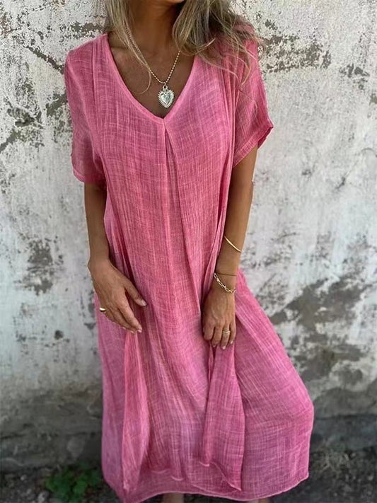 Wella Midi Dress | Cotton and Linen Blend, Flattering V-Neck Summer Dress - Hartwella