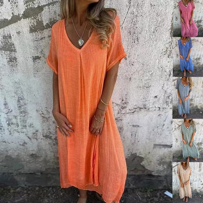 Wella Midi Dress | Cotton and Linen Blend, Flattering V-Neck Summer Dress - Hartwella
