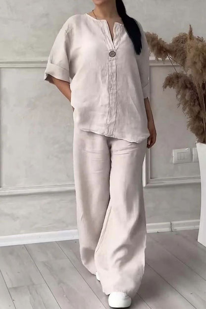 Wina Casual Set | Cotton and Linen, V-Neck Design - Hartwella