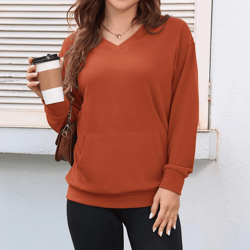 Wina V - neck Sweatshirt | Oversized Fleece with Kangaroo Pocket - Hartwella