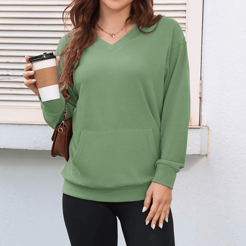 Wina V - neck Sweatshirt | Oversized Fleece with Kangaroo Pocket - Hartwella
