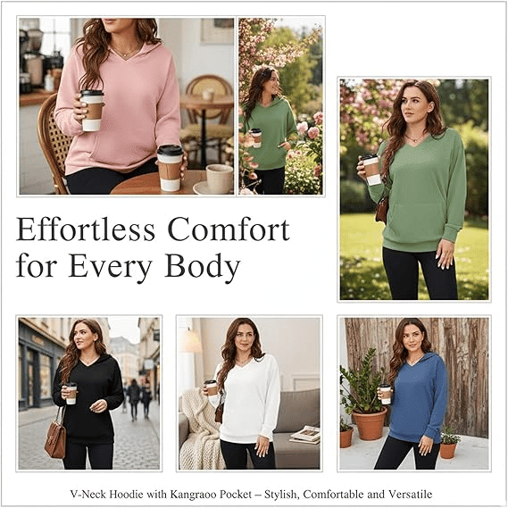 Wina V - neck Sweatshirt | Oversized Fleece with Kangaroo Pocket - Hartwella