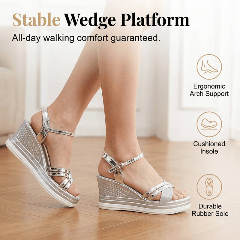 Wina Wedge Sandals for Women | Gold, Elegant Open Toe, Adjustable Ankle Strap - Hartwella