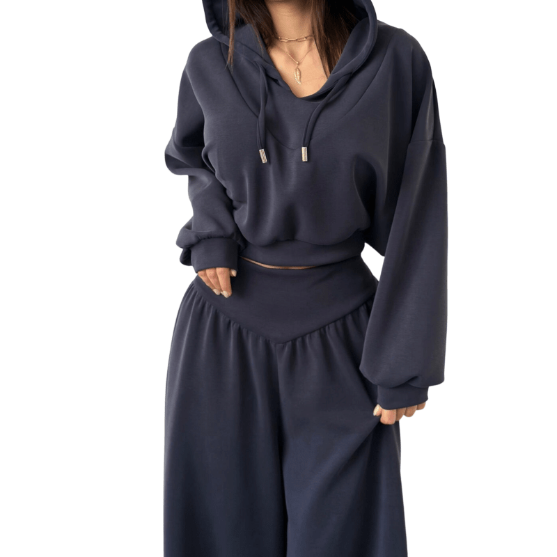 Wina Women's Set | Cozy Loungewear, Two Piece Wide-Leg Pants and Crop Hoodie - Hartwella