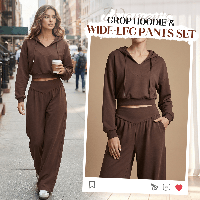 Wina Women's Set | Cozy Loungewear, Two Piece Wide - Leg Pants and Crop Hoodie - Hartwella